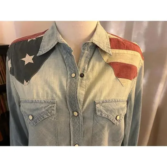 Denim & Supply Ralph Lauren Flag Yoke Denim Snap Shirt M Patriotic USA - Picture 2 of 8